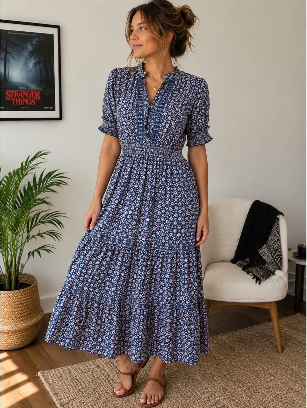 Max Studio Blue Floral Midi Dress with Smocked Waist and Ruffle Details, Size M